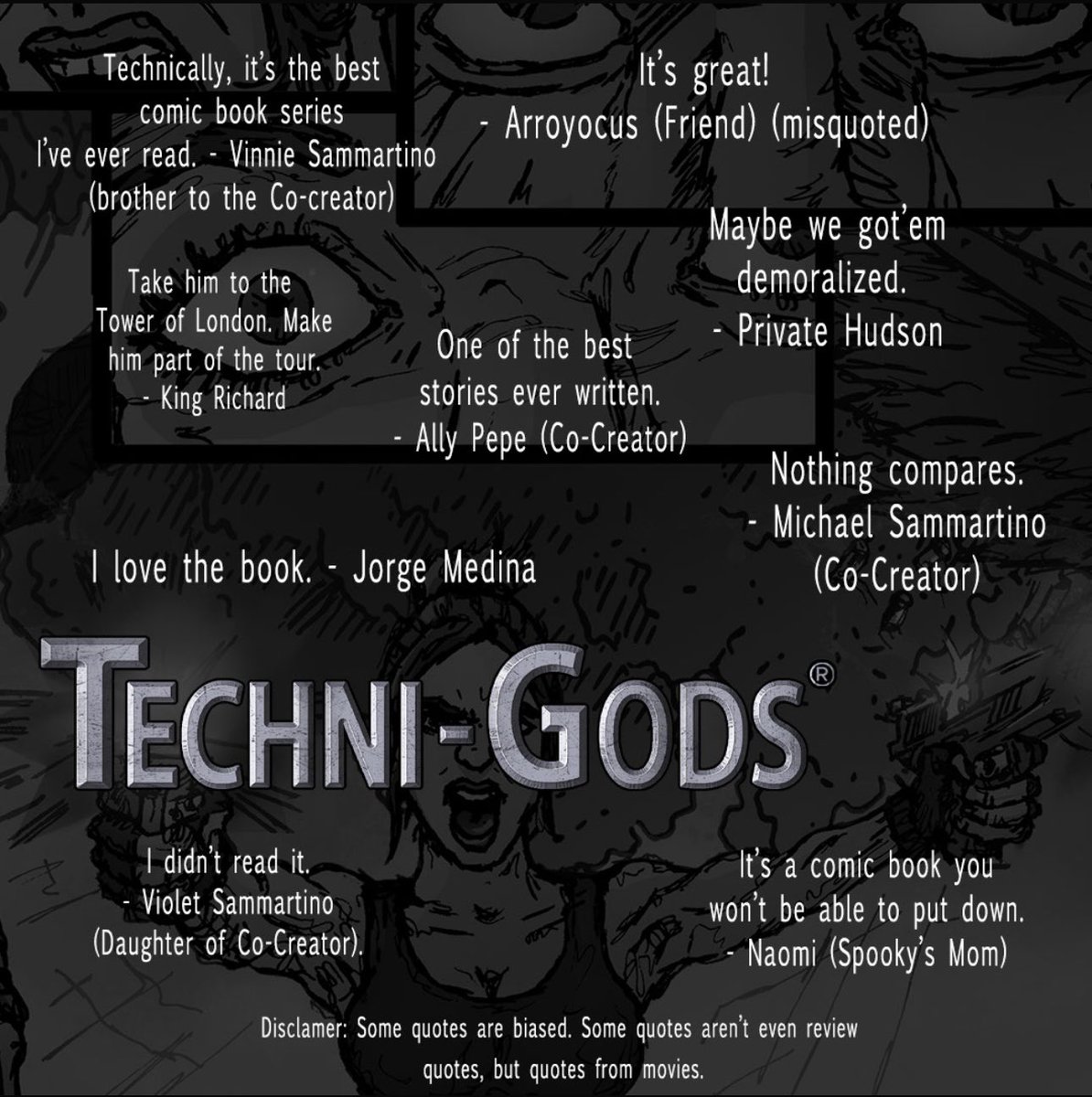 TechniGods's tweet photo. The reviews are in! Well sorta…whatever, look we asked and these were honest quotes. Don’t judge us! 🤣😂
Psst..go and sign up for our indiegogo campaign!

#technigods #indiegogo #comicbooks #reviews #quotes #moviequotes #indiecomics #jointhecampaign https://t.co/7IFrSduxh2