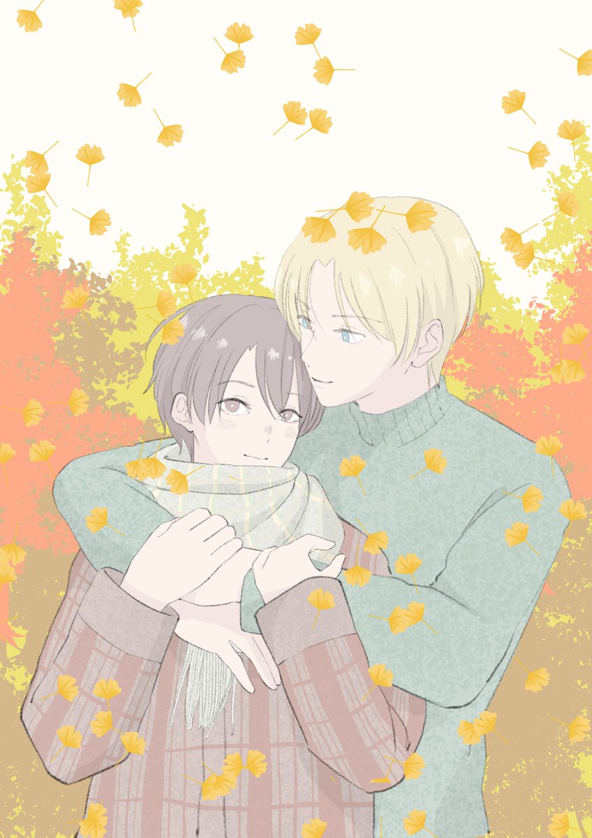 The leaves are falling in dresses of red &amp; gold. Storie and Valentine enjoying the fall foliage.🍁 
Art by Madeline #yaoi