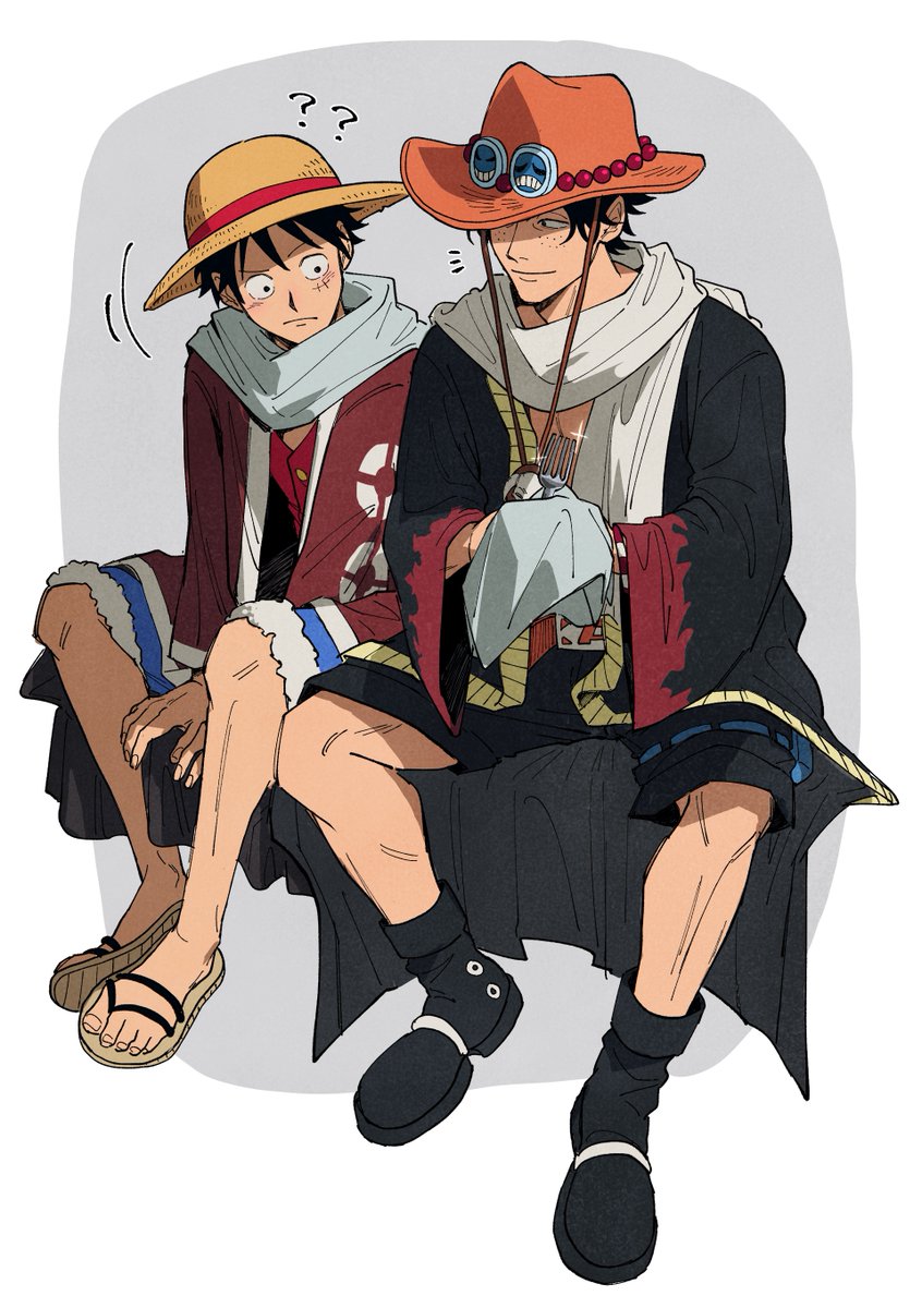 monkey d. luffy 2boys multiple boys hat male focus black hair ? sandals  illustration images