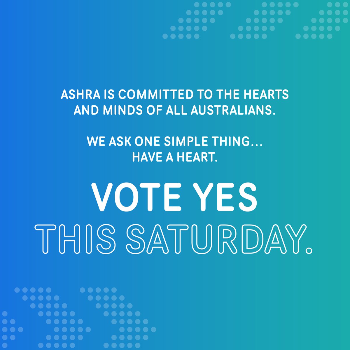 Australian Stroke and Heart Research Accelerator (@ashraccelerator) on Twitter photo The Australian Stroke and Heart Research Accelerator (ASHRA) is committed to the hearts and minds of all Australians.
We ask one simple thing...have a Heart.
Vote Yes, this Saturday. The Australian Stroke and Heart Research Accelerator (ASHRA) is committed to the hearts and minds of all Australians.
We ask one simple thing...have a Heart.
Vote Yes, this Saturday.