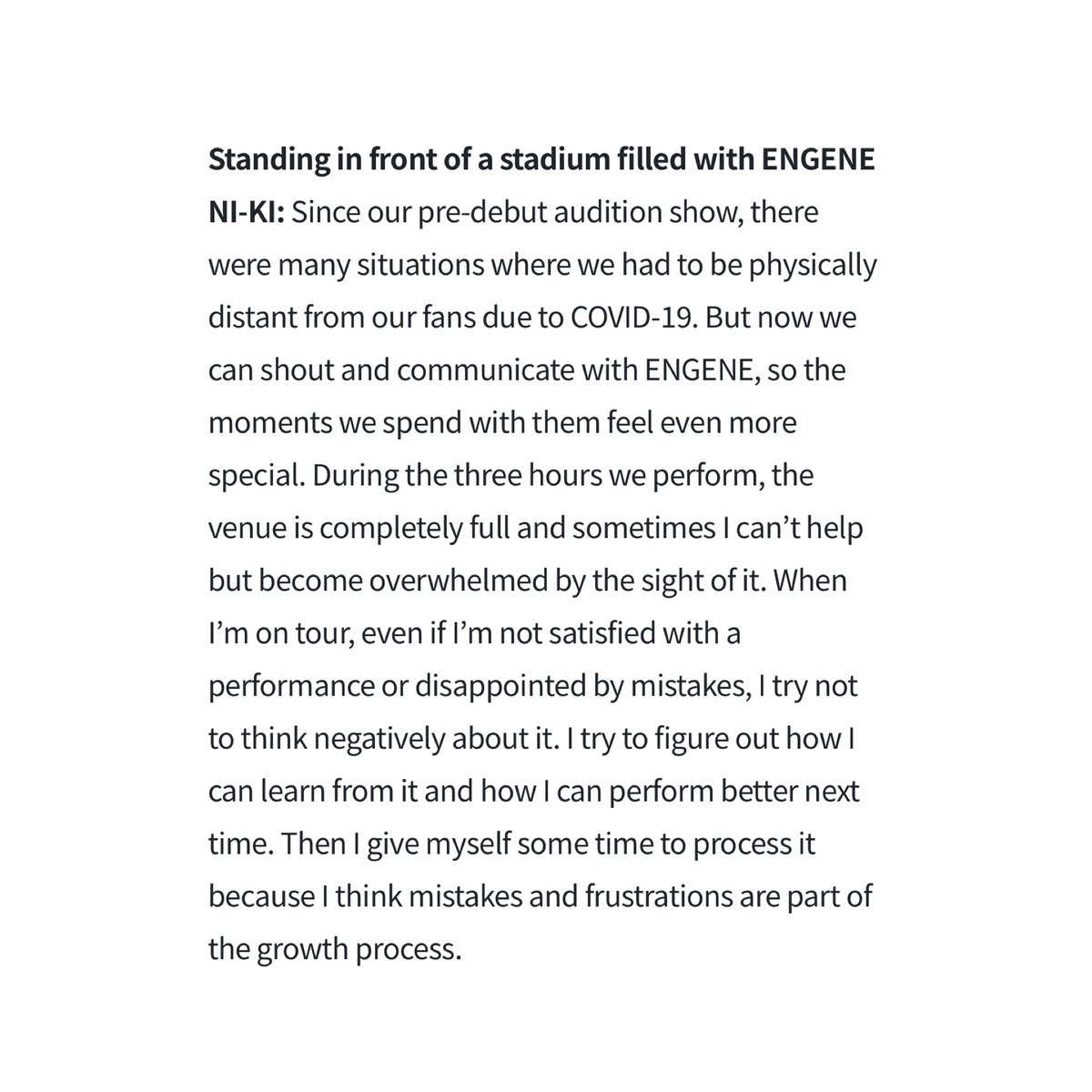 nksunbaem's tweet photo. Love how ni-ki is growing with this healthy mindset. despite being strict to himself, realizing that mistake is inevitable for improvement made me happy :”) 

🐥: When I’m on tour, even if I’m not satisfied with a performance or disappointed by mistakes, I try not to think negatively about it. I try to figure out how I can learn from it and how I can perform better next time. Then I give myself some time to process it because I think mistakes and frustrations are part of the growth process.