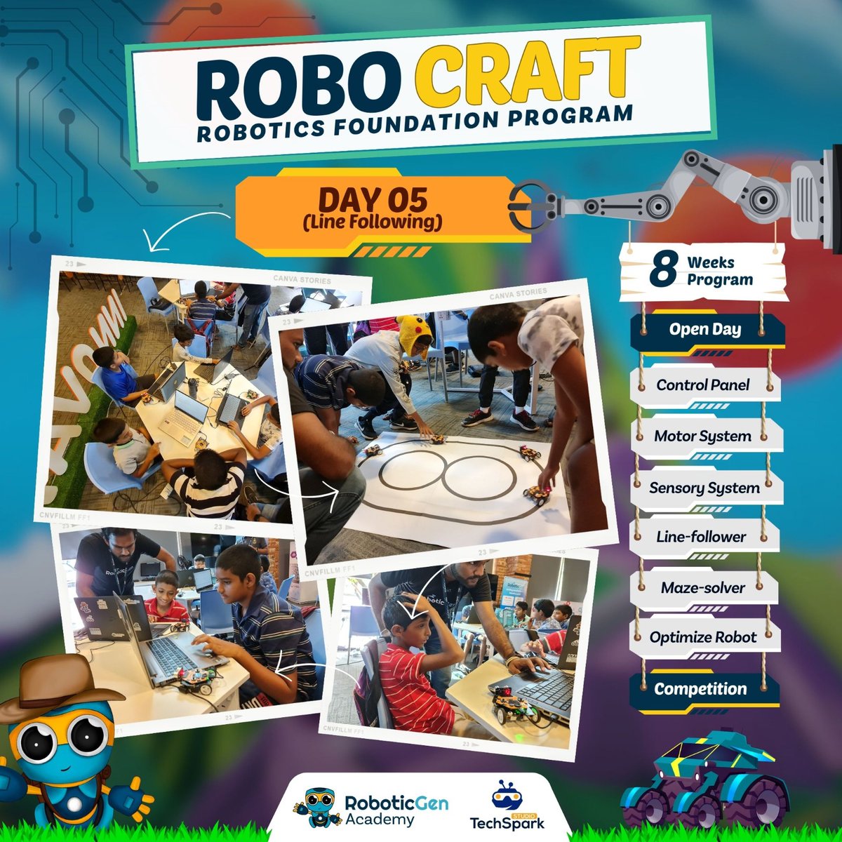 RoboticGen's tweet photo. Day 5 of RoboCraft - Exploring Line Follower Robots with RoboticGen 🤖⚙

Our enthusiasts delve into building line followers, igniting curiosity and honing engineering skills. Exciting updates ahead! 💙🔥

#RoboCraft #RoboticGen #Robotics https://t.co/g5ojzW5Gq7