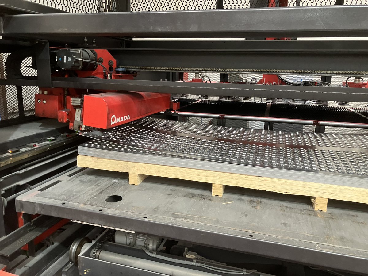 Making Dimple Perf at #FieldenMetalworks.  
Great for anti-slip applications it's otherwise known as OSH Perf, Stock Crate Perf, SafeT Perf or Non-skid Planking.