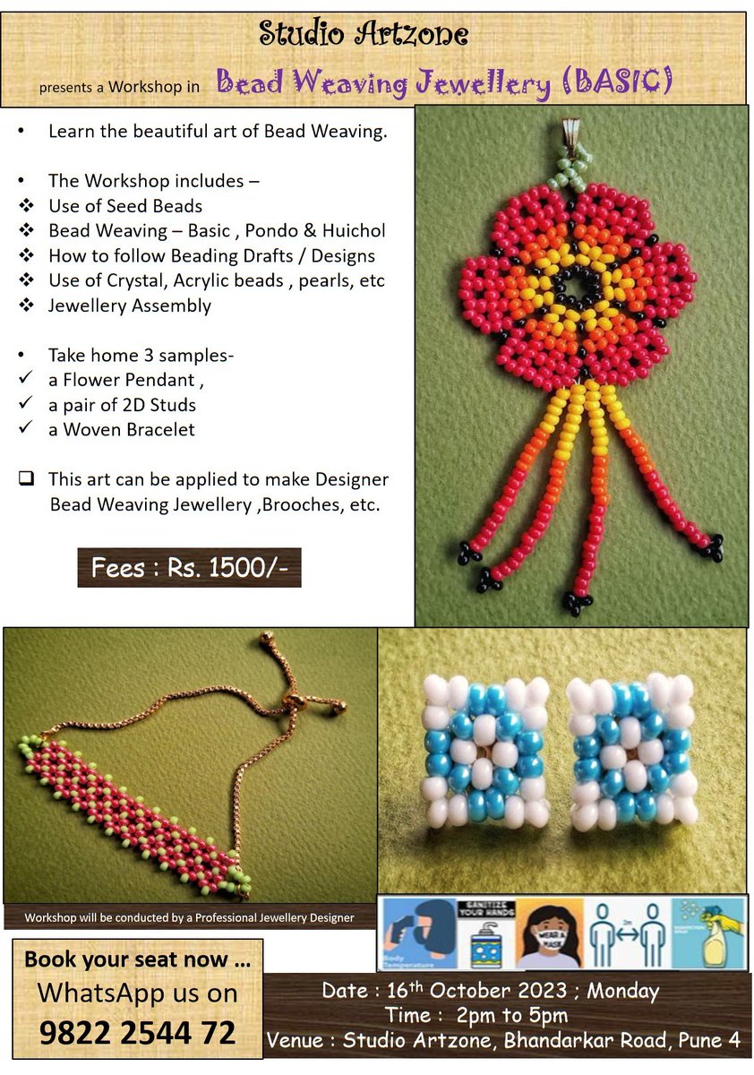 #InStudioClass #Jewellerymaking #BeadWeaving #BeadedAccessories #Pune #Deccan #Techniquebased #StudioArtzone
Learn Bead Weaving Jewellery @ Studio Artzone
~16 Oct '23 (Mon) ...2pm to 5pm.. Rs.1500/-
WhatsApp Register on 9822 2544 72