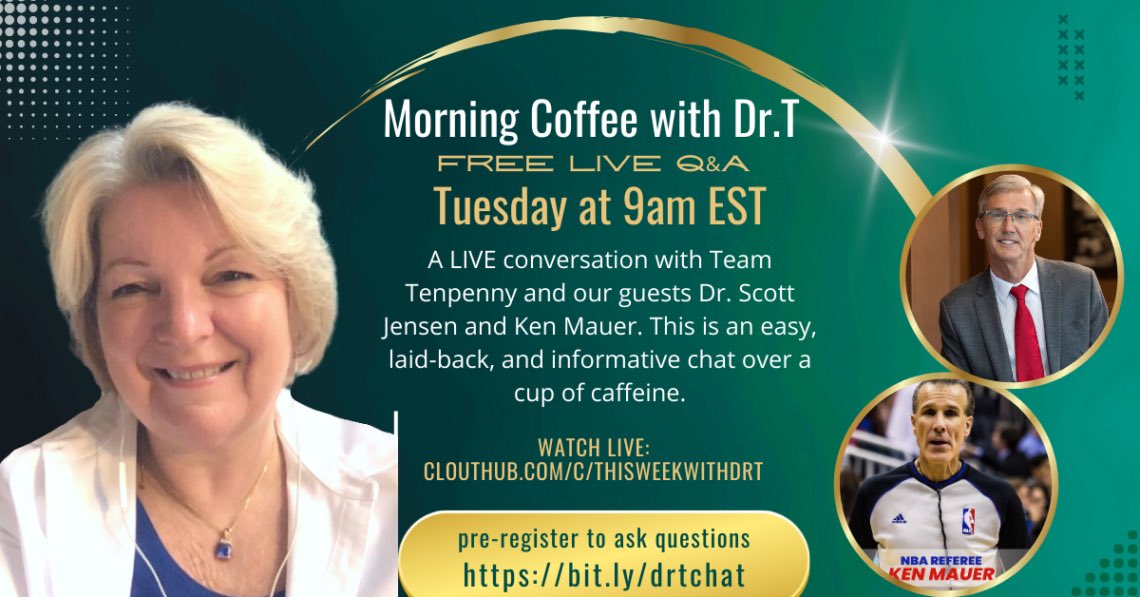 BusyDrT's tweet photo. Join us Tuesday morning @ 9am edt for #MorningCoffeeWithDrT and this weeks featured guests; Dr Scott Jensen & his friend former NBA Referee #KenMauer. We will be discussing Ken’s wrongful termination as an NBA Referee after his religious vaccine exemption was denied. Ken was one of the longest-tenured referees in NBA history, when he was forced out of the league because of his faith-based objections to COVID jabs.
Be part of this conversation and ask your questions LIVE! You can expect REAL-TIME answers to your inquiries - registration is required
https://t.co/08BkAvFdAP
watch the Live show without Q&A access
https://t.co/vgduwxjLjA
#morningcoffee #thetenpennyfiles #DrScottJensen