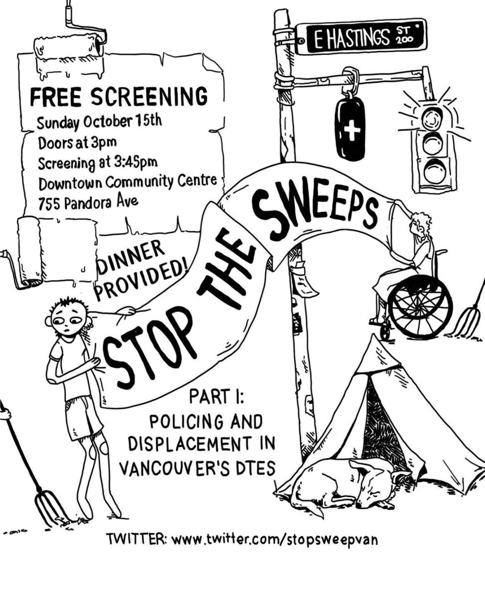 TheBackPackPro1's tweet photo. 💥📣 🛑 The “Stop the Sweeps” Documentary on the violent displacement of people who were sheltering in the DTES, is coming to Victoria this Sunday, October 15th! Doors open at 3 PM. At the Downtown community center. 755 Pandora Ave. #
stopthesweeps
#housingisahumanright https://t.co/vTq5RAmDMQ