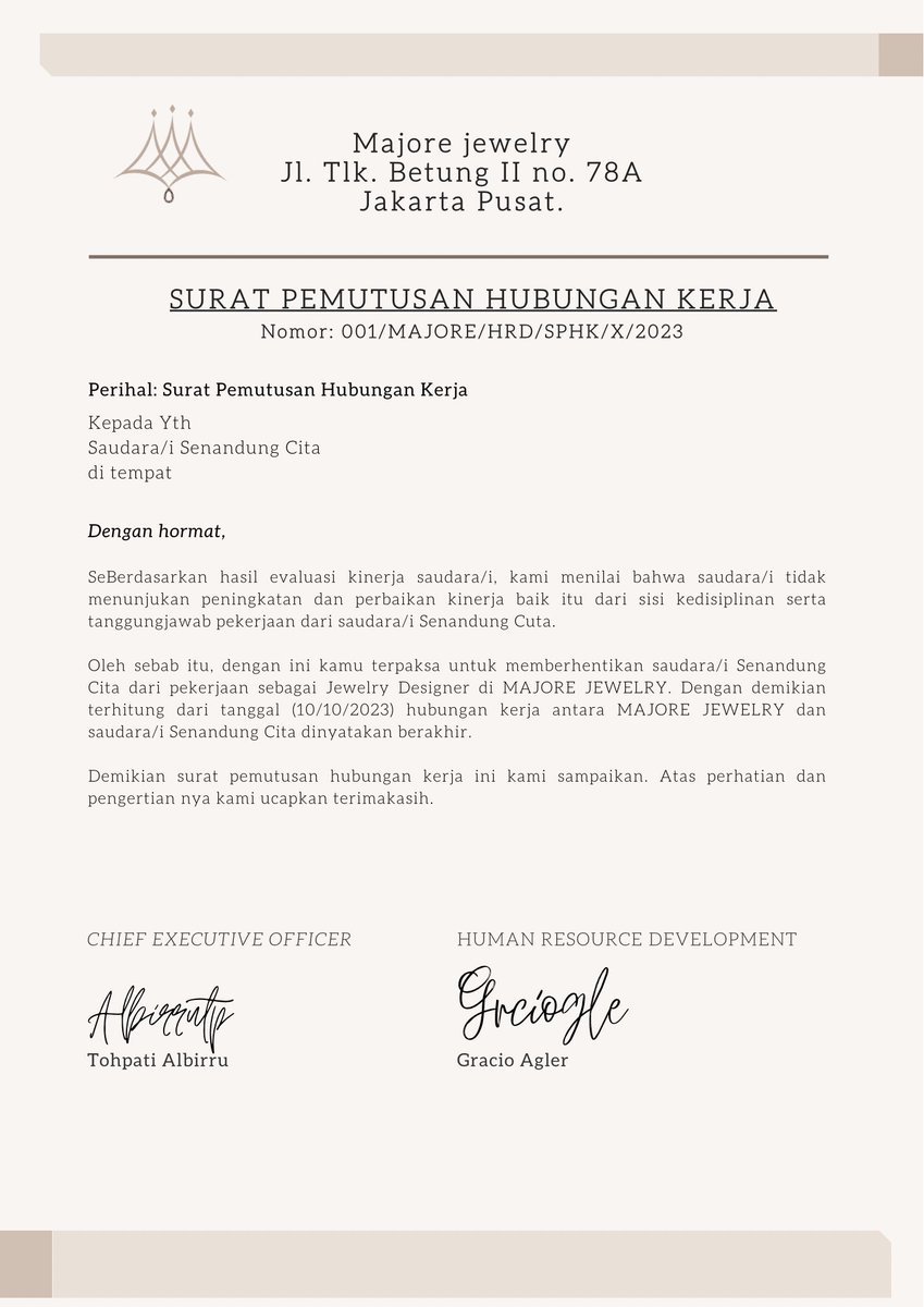 ㅤㅤㅤㅤ

( 📩 )

𝗙𝗿𝗼𝗺   : majorejewelry@gmail.com
                 (<a href="/storcge/">𝕸𝖆𝖏𝖔𝖗𝖊 office</a>)
𝗧𝗼          : Senandung Cita 
                 (<a href="/KIDUNGSILU/">Senandung Cita</a>)

𝗦𝘂𝗯𝗷𝗲𝗰𝘁 : Surat Pemutusan
                    Hubungan Kerja

📎𝑓𝑖𝑙𝑒 𝑎𝑡𝑡𝑎𝑐ℎ𝑒𝑑.

ㅤㅤㅤㅤ