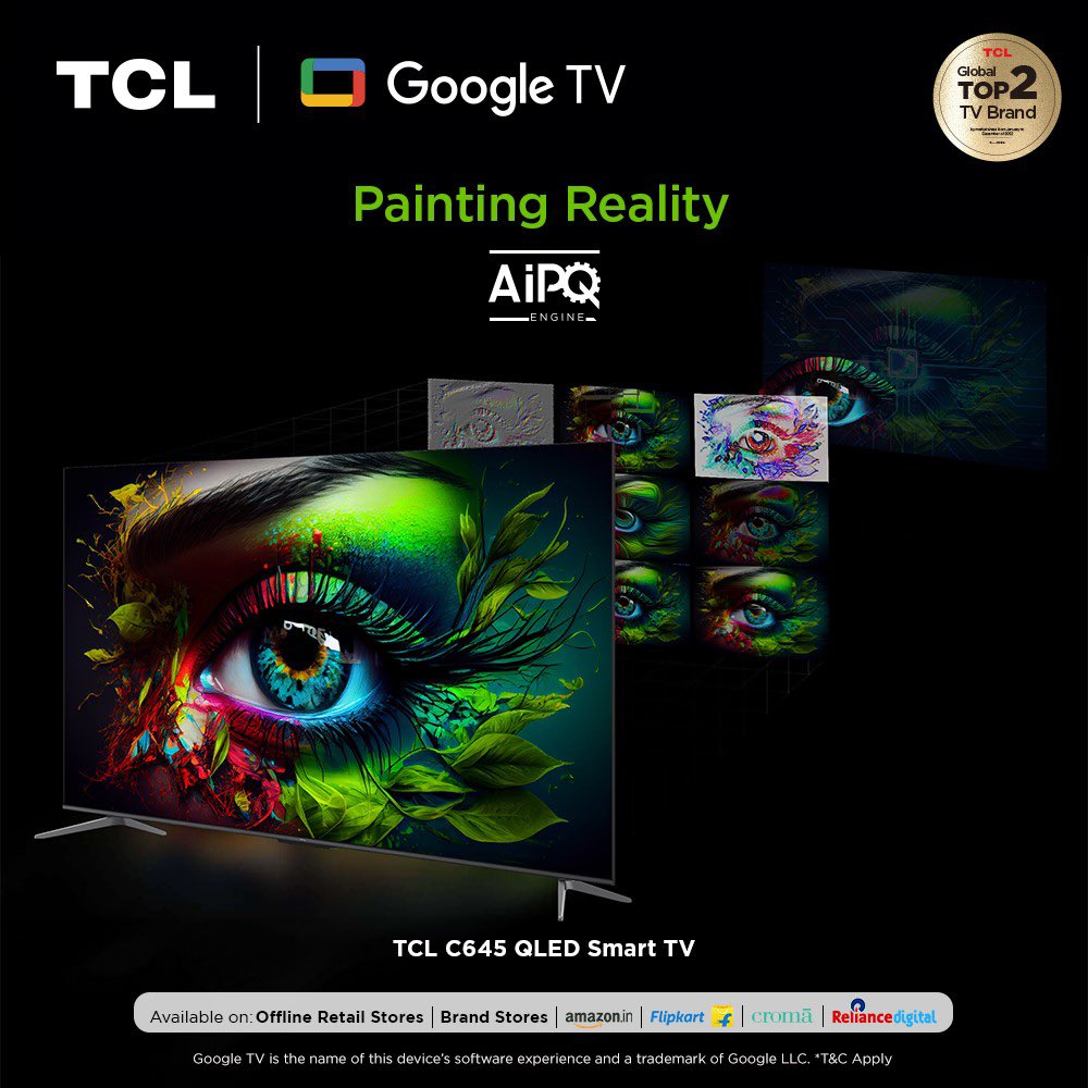tcl_india's tweet photo. Elevate your viewing with AiPQ technology. TCL C645 4K QLED Smart TV brings images to life with vivid realism.

 Know more: https://t.co/V1sR5gqe5J 

#TCL #SmartTV #AiPQ https://t.co/R6XKTE0aBp