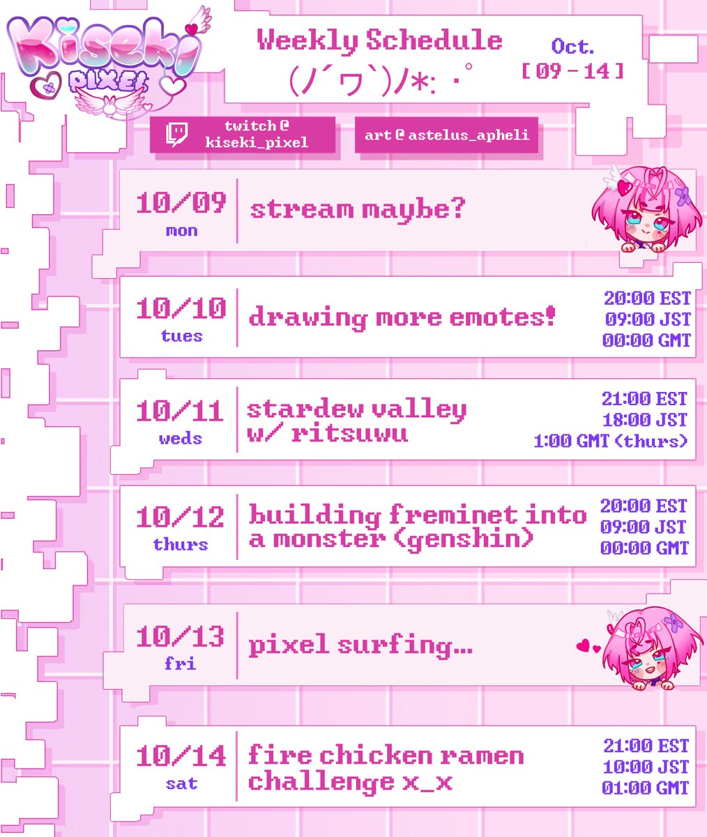 kiseki_pixel's tweet photo. 💗〖 SCHEDULE 10/09 - 10/14 〗💗
thank you all for 100+ followers on twitch! its time to fulfill the fire chicken ramen promise...
live ♡ #PixeLive
art ♡ #KisekiPaint
nsfw ♡ #Kiseieki
fan name ♡ #LoveBytes and #KiseKinnies #Lufynis
🎤https://t.co/cr1HftZKqH✨ https://t.co/w5o14J78nG