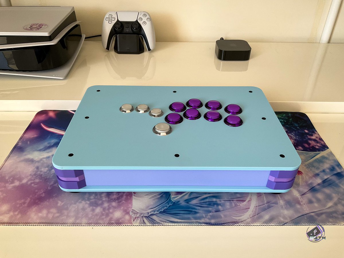 WaifuSticks's tweet photo. A gorgeous pastel build for Nelly! Very excited to send this one out and see those holographic Seimitsu purple buttons installed on the other side. https://t.co/Ar38yccbuF