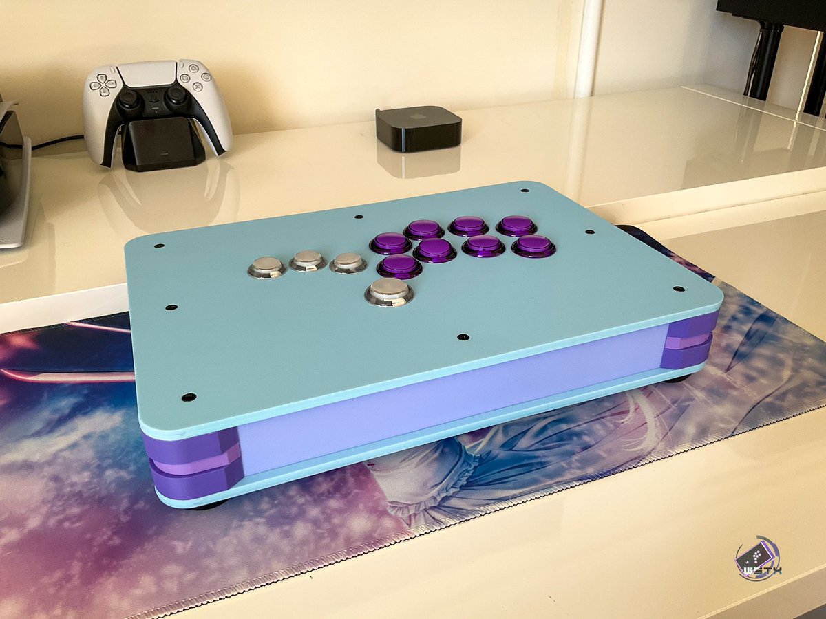 WaifuSticks's tweet photo. A gorgeous pastel build for Nelly! Very excited to send this one out and see those holographic Seimitsu purple buttons installed on the other side. https://t.co/Ar38yccbuF