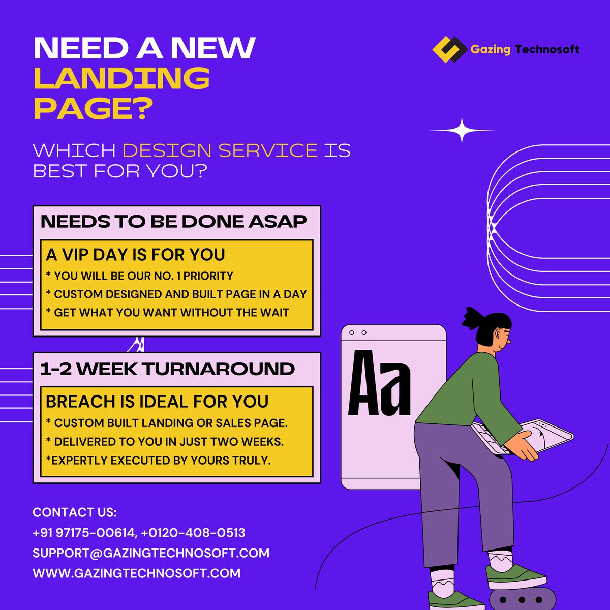 🚀 Need a new landing page ASAP? Check out Gazing Technosoft's services: ✨ VIP Day - Priority service, custom page in a day! ✨ Breach - Custom landing/sales page in 1-2 weeks!

support@gazingtechnosoft.com gazingtechnosoft.com 🌐

#WebDesign #LandingPage #GazingTechnosoft