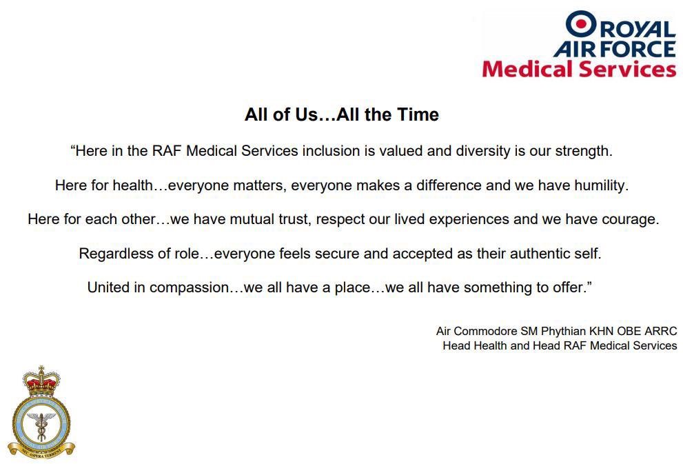 On World Mental Health Day I would like to share with you the RAF Medical Services’ Inclusion Statement – All of Us…All the Time. Inclusion and mental health are inextricably linked. Feeling a sense of belonging, respect and representation is critical to our state of well-being.