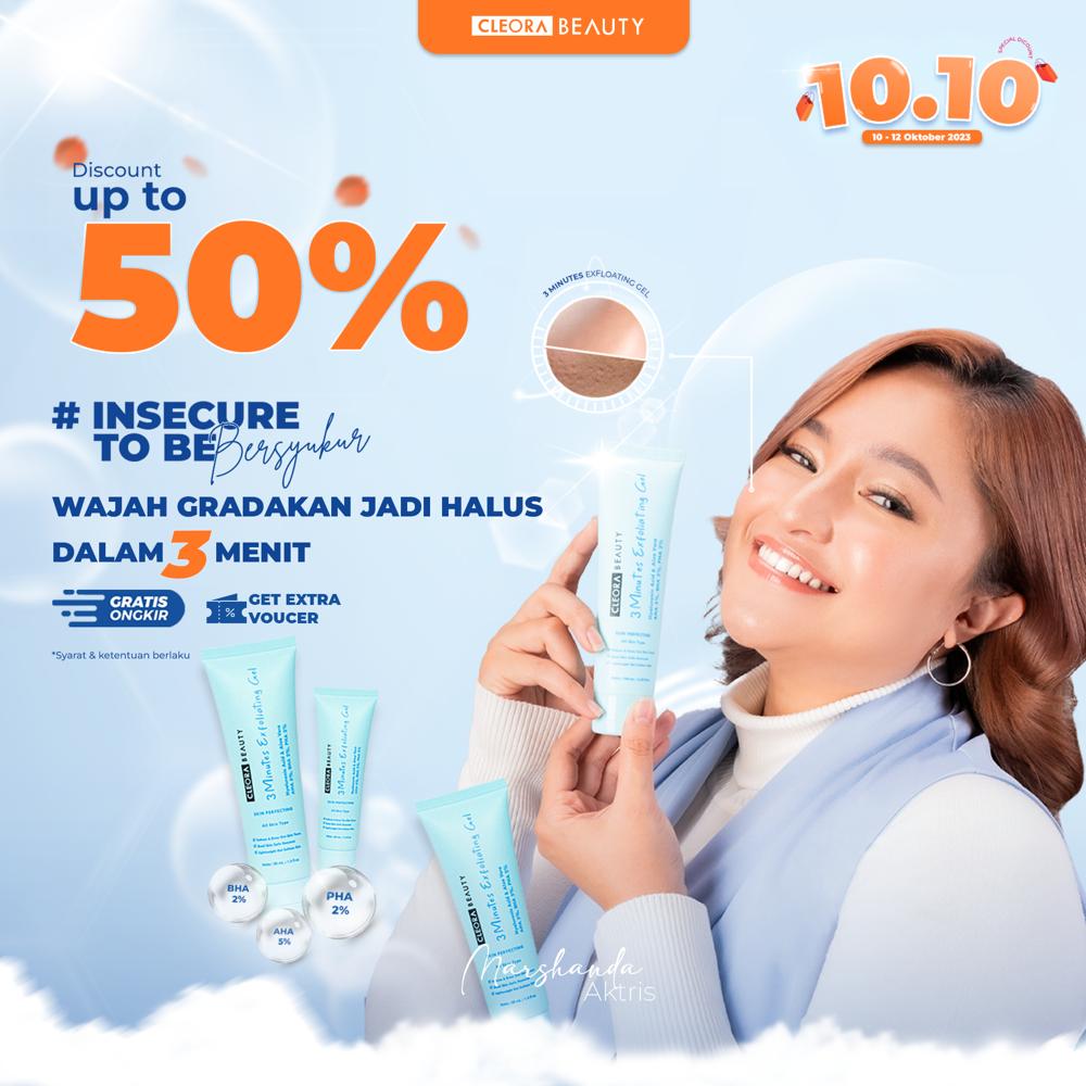 Oya mumpung 10.10 dan aku cek di E-commerce lagi discount up to 50% produk Cleora Beauty 3 Minute Exfoliating Gel. Btw ada giveaway Cleora Beauty 3 Minute Exfoliating Gel juga lho, sebanyak 100 pcs. Gimana? Yakali ngga ikutan yuk gaskan 🥳 #GradakanToBeHalus