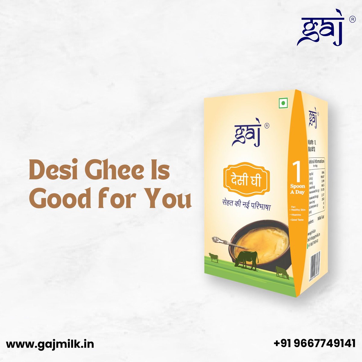 Elevate your culinary creations with the rich, golden goodness of Gaj Desi Ghee. Pure flavor, pure indulgence! 🌼🥄 

#GajDesiGhee #DesiGhee #PureGhee #PureIndulgence #GoldenGoodness #GheeLove #CookingWithGaj #NourishWithGaj #DairyDelights #HealthyLiving #DairyProducts #Gaj