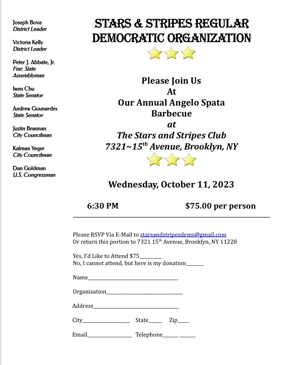 Don’t miss the Stars &amp; Stripes Democratic Club’s Annual BBQ this Wednesday! 🇺🇸

Support #Brooklyn’s 49th Assembly District Democratic Org.—join <a href="/bkdems/">Kings County Democratic County Committee</a> DLs <a href="/joestripes/">joe bova</a> &amp; <a href="/ToriBurhans/">Tori Kelly</a> with <a href="/peterabbatejr/">Peter J. Abbate, Jr.</a> <a href="/Iwen4NY/">Iwen Chu 曲怡文</a> <a href="/Sen_Gounardes/">State Senator Andrew Gounardes</a> <a href="/JustinBrannan/">Justin Brannan</a> <a href="/KalmanYeger/">Kalman Yeger</a> <a href="/RepDanGoldman/">Rep. Dan Goldman</a> ⤵️