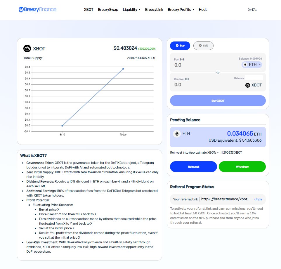 🎉 $XBOT Token Now Live!
🔹We're excited to announce that the #XBOT has officially launched
🔹Learn more about XBOT here: breezy.finance/xbot.html

🌟Why This Is Big
🔹As an XBOT holder, you'll earn dividends and a share of transaction fees
🔹Low-risk approach to #DeFi investing