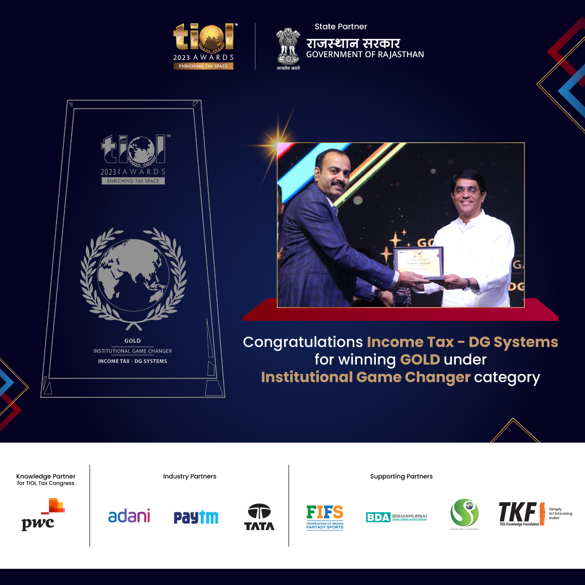 TiolAwards's tweet photo. TIOL Knowledge Foundation congratulates Income Tax - DG Systems for winning GOLD under Institutional Game Changer category.

@FinMinIndia @nsitharamanoffc @IncomeTaxIndia @BugganaRaja @PwC_IN @AdaniOnline @Paytm @TataMotors @FIFS_Official @signatureglobal @gautammehra99 https://t.co/8qXJPlHAM2
