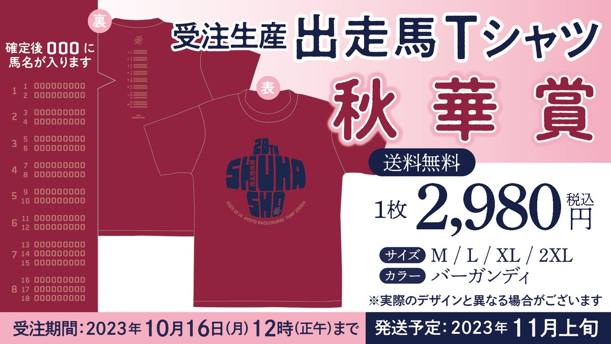 予約受付開始！】 第28回秋華賞出走馬Tシャツをターフィー通販クラブ