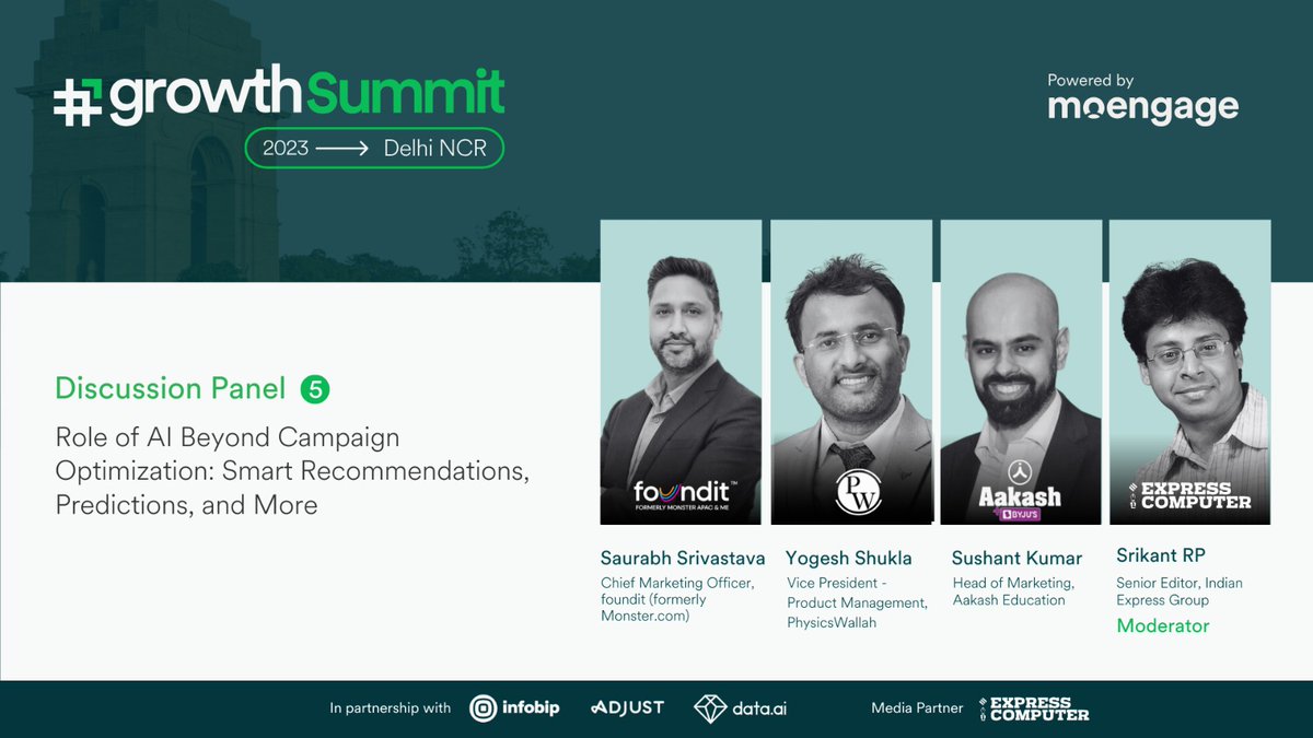 Panel Discussion on 'Role of AI Beyond Campaign Optimization: Smart Recommendations, Predictions, and More', at the #growthSummit 2023 --> Delhi NCR | Oct 12, 2023 | The Oberoi, Gurugram | Presented by @moengage Join Us: t.ly/gsdelhi @srikrp @AESL_Official
