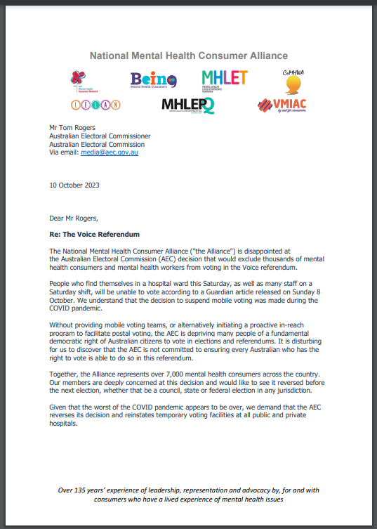 The <a href="/AusElectoralCom/">AEC ✏️</a> still radio silence on this issue.

Now all of Australia's mental health lived experience organisations have come out on this.

What's been the response been? Nada.

<a href="/Henry_Belot/">Henry Belot</a>