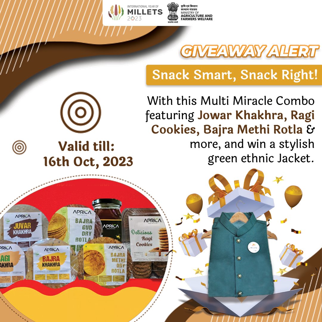 #GiveawayAlert 6 millet snacks, 1 jar of honey, along with one stylish green jacket are all just a click away! To participate: 1. Order Multi Miracle Combo from #FPO farmers at @ONDC_Official: mystore.in/en/product/hea… 2. Tag 5 friends, and bring home a smart jacket   #IYM2023