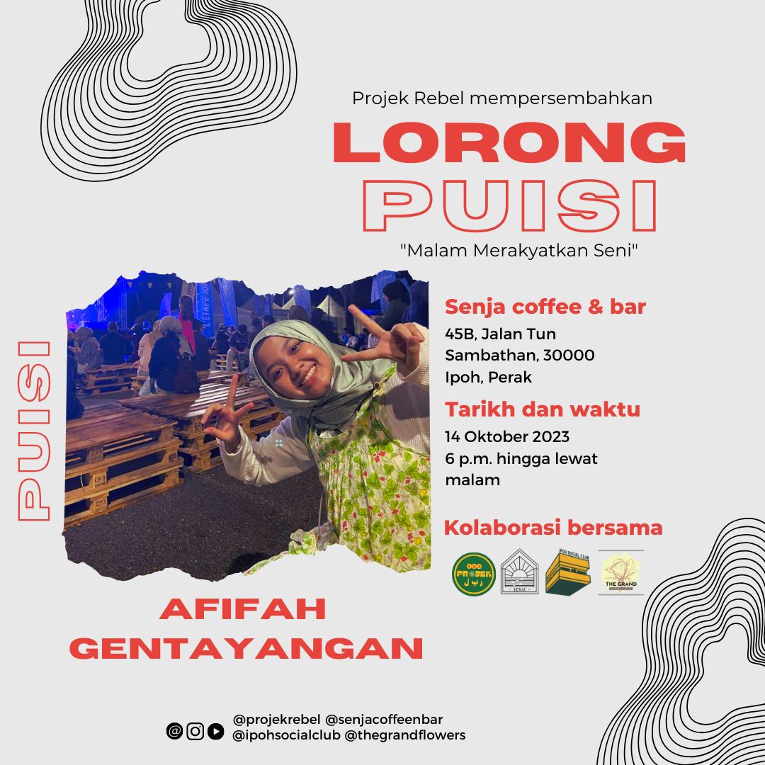 zoulyazix's tweet photo. Jemput datang support Projek Rebel dan @pipohm_ untuk Lorong Puisi di Senja Coffee & Bar, Ipoh weekend ni!
Selit satu video Afifah perform untuk afterparty #CECITER yang lepas sebagai teaser untuk Lorong Puisi. Dak dak Taayah ni memang taayah cakap aaa, power power belaka. https://t.co/BGq5Ud3n7F