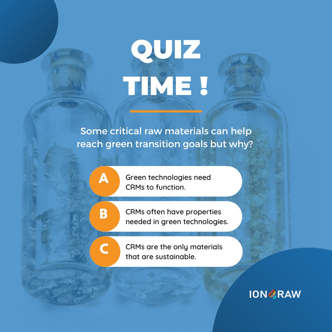 🌱 The #GreenTransition aims to transform the EU into a resource-efficient &amp; competitive #economy. Some critical #rawmaterials can even help reach these goals, but why? 🪨 Choose one of the answers below and tell us in the comments! 🌍 ion4raw.eu/our-videos/