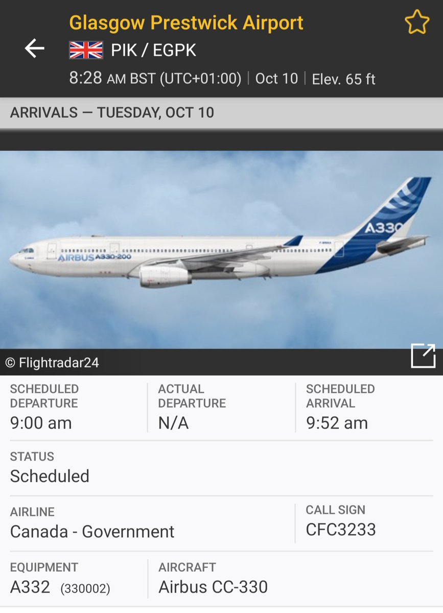 BloodyPolitics's tweet photo. Wooh the Canadians are coming!
ETA #Prestwick 9.52am ETD for Shannon 11.30am.
🇨🇦 Canadian Government Airbus CC-330 #CFC3233 330002 ✈ #avgeek #planespotting 🤓 https://t.co/thpOqNNi3D