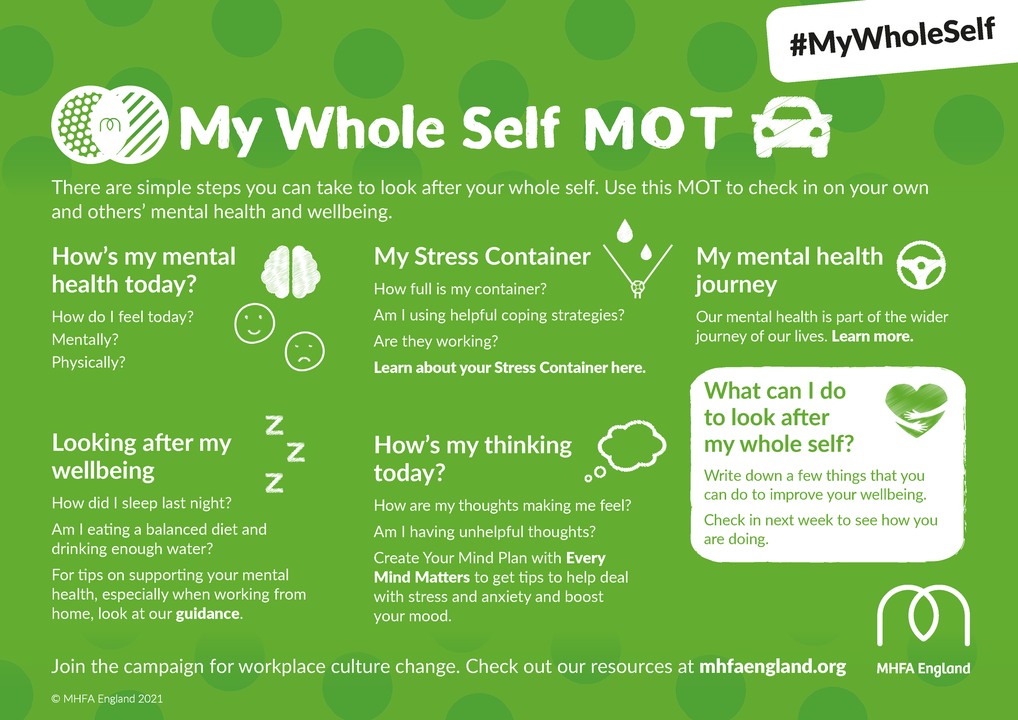 Mental health is not an option; it's a human right.

This #WorldMentalHealthDay, take a moment to check in on your own and other’s mental health and wellbeing using our My Whole Self MOT.

🔗 Link in our bio: 'Resources'

#WMHD2023 #MyWholeSelf