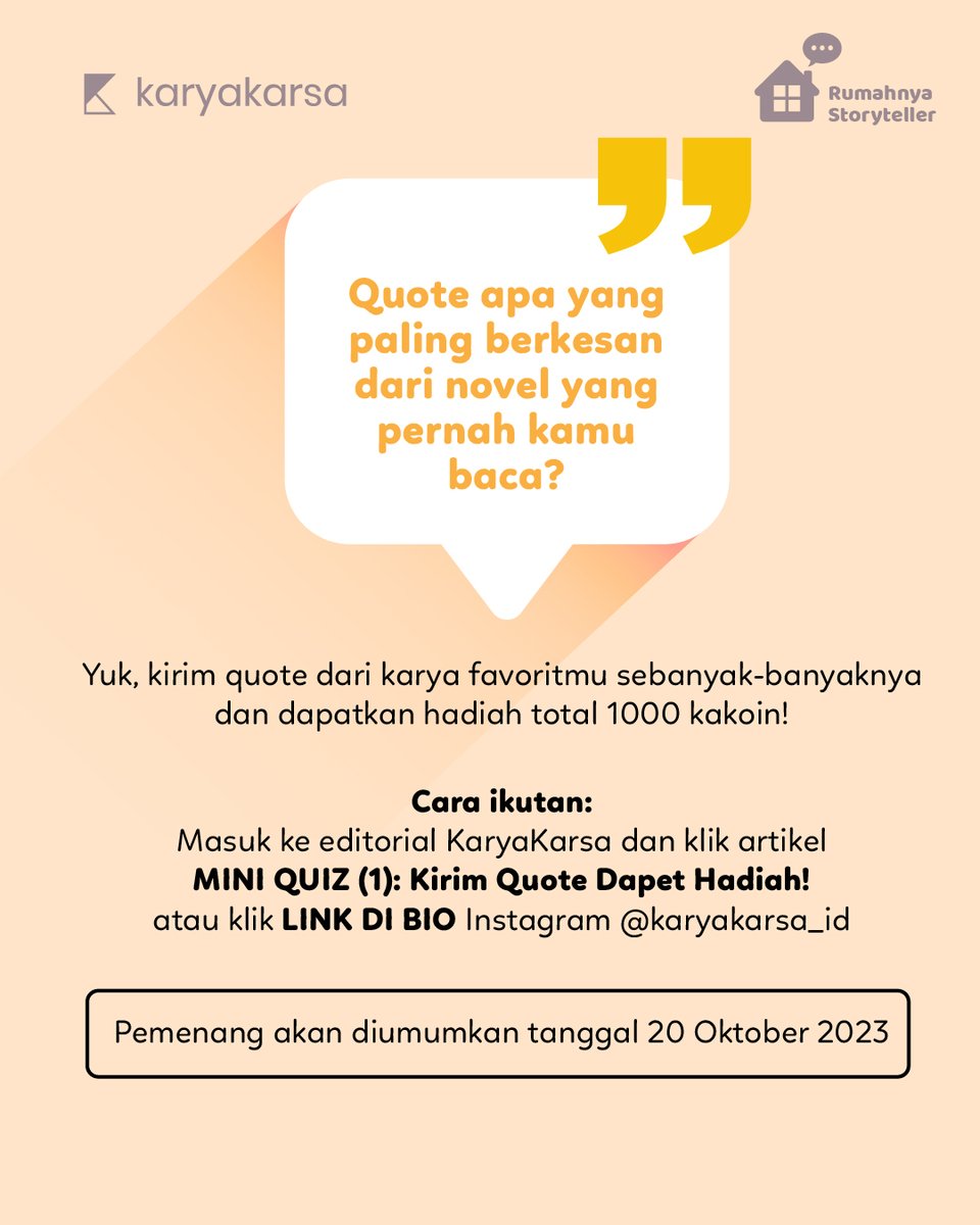 karyakarsa_id's tweet photo. YANG MAU DAPET KAKOIN, SINI KUMPUL!!🔊🔊
Yuk, ikutin mini quiznya, dan kirim quote favoritmu dari cerita di KaryaKarsa yang pernah kamu baca!🔥🔥
Klik di sini untuk ikutan >> https://t.co/xAELMpBwgT
#KaryaKarsa #miniquiz #quotebaper #kakoin https://t.co/m18z3xncVZ