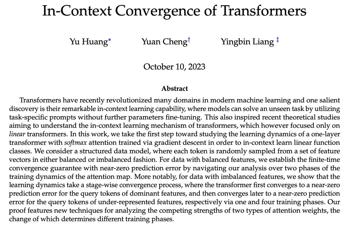 yuhuang42's tweet photo. 🚨 Excited to share our theoretical exploration of the in-context learning dynamics of the one-layer transformer! 
Introduced new techniques to analyze how softmax drives attention weights to converge globally via different training phases.
🔍: https://t.co/JejFL6IAeG

Joint work w/ @YuanC233 & Yingbin Liang