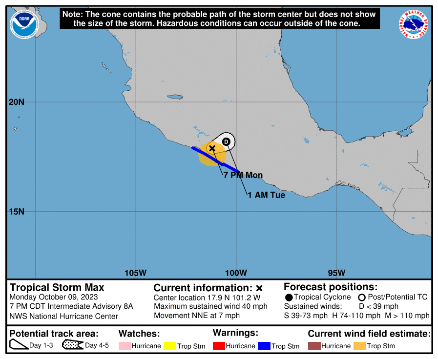 LimWeather's tweet photo. 8pm EDT #Max after landfall down to 40mph TS
#tropicalstormwarning from #Acapulco to #PuntaSanTelmo, covers most of #guerrero, #michoacan
life threatening #Flooding/#Mudslides are likely occurring now!
#Wxtwitter #Tropicswx #Mexico #TropicalStorm #TropicalStormMax https://t.co/q4CjE2ruNo