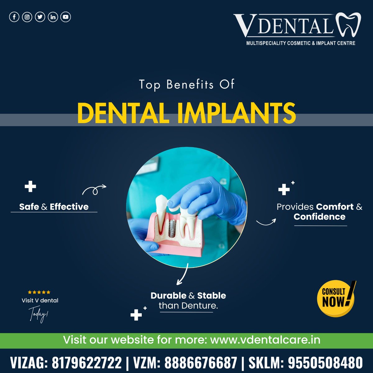 VDentalCare's tweet image. Top Benefits of "DENTAL IMPLANTS":
..provides Comfort And Confidence
.. Durable and stable than Denture
.. Safe and Effective
,V Dental Hospital.SRIKAKULAM ,VISAKHAPATNAM, VIZIANAGARAM,,#implants #dentalimplants #basalimplants #zygomaticimplants #rootcanaltherapy #beautifulsmile