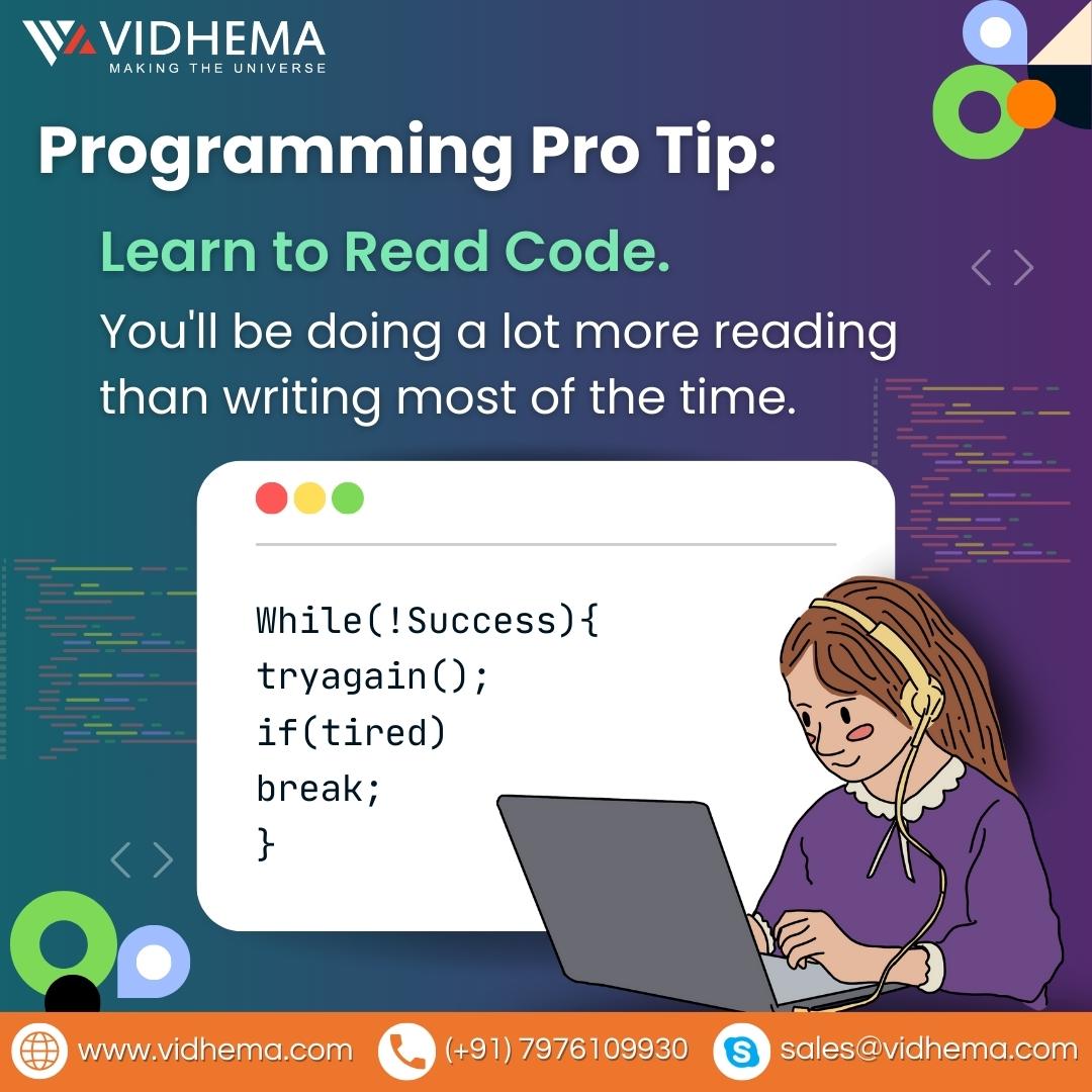 Vidhema1's tweet image. In the world of software development, understanding code is just as important as writing it. Sharpen your reading skills to excel in your coding journey. 💡
#VidhemaTechnologies #CodeReading #ProgrammingTips #SoftwareDeveloper #Programmer