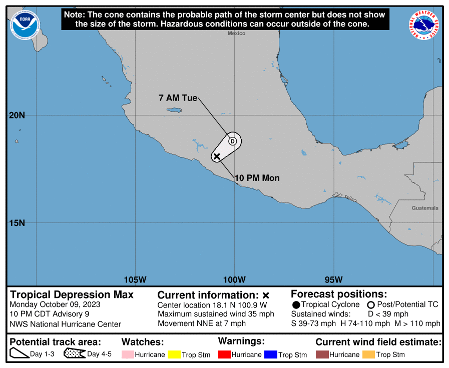 LimWeather's tweet photo. #Max after landfall down to 35mph TD, to dissapate soon
#tropicalstormwarning from #Acapulco to #PuntaSanTelmo, (most of #guerrero, #michoacan) canceled
life threatening #Flooding/#Mudslides are likely occurring now!
#Wxtwitter #Tropicswx #Mexico #TropicalStorm #TropicalStormMax https://t.co/5QKFz1vvv8