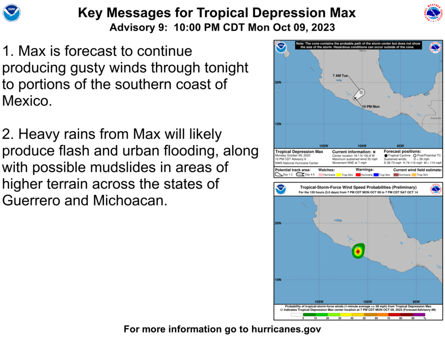 LimWeather's tweet photo. #Max after landfall down to 35mph TD, to dissapate soon
#tropicalstormwarning from #Acapulco to #PuntaSanTelmo, (most of #guerrero, #michoacan) canceled
life threatening #Flooding/#Mudslides are likely occurring now!
#Wxtwitter #Tropicswx #Mexico #TropicalStorm #TropicalStormMax https://t.co/5QKFz1vvv8