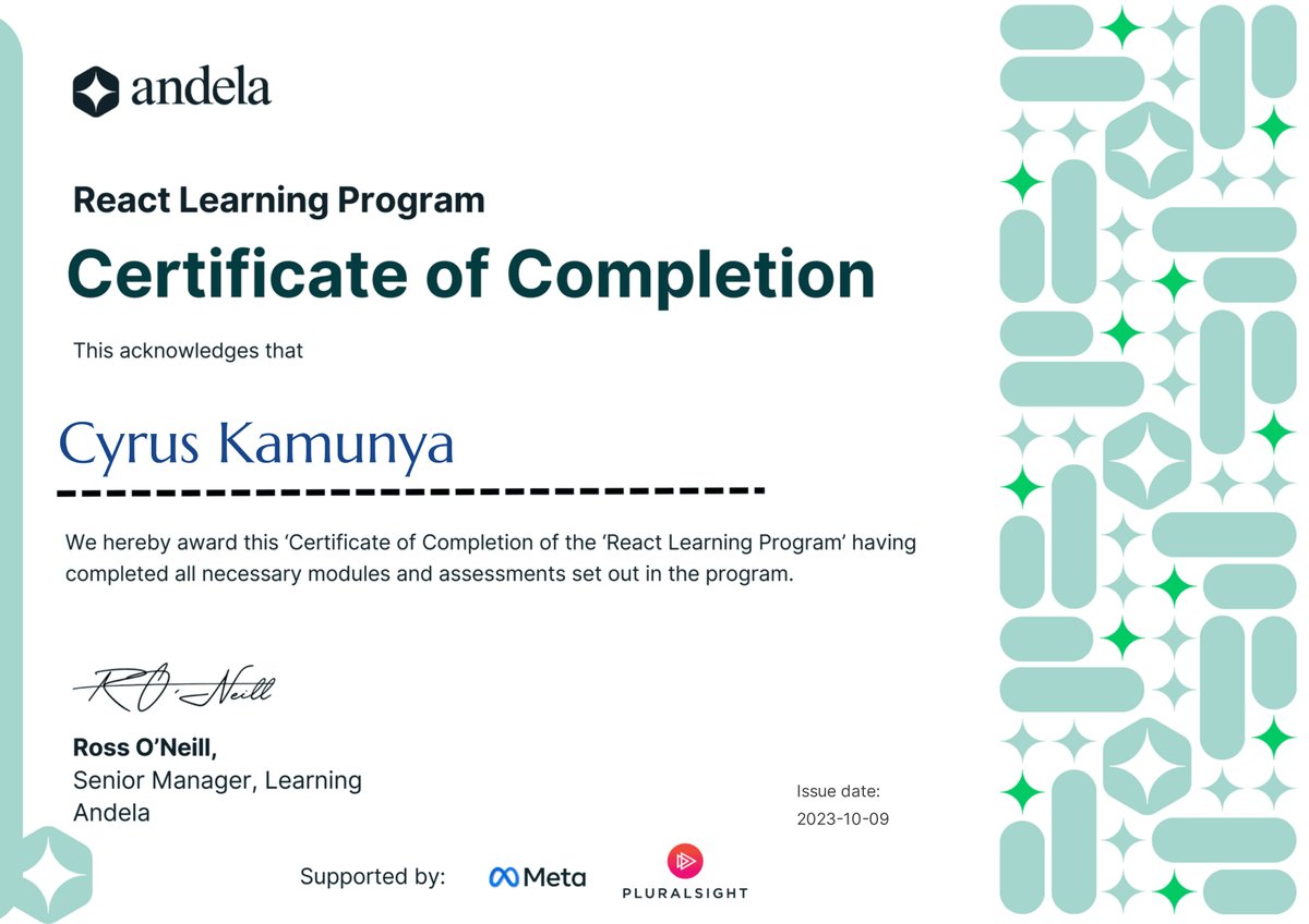 Cyru9t's tweet photo. I’m happy to announce that I have successfully completed the Andela React Learning Program and obtained a certificate of completion from Andela #Andela #AndelaReactLearningProgram
@Andela, @Meta, and @pluralsight thanks so much for the program.
#React #FrontEndDeveloper #webdev https://t.co/3FS4pT5WNW
