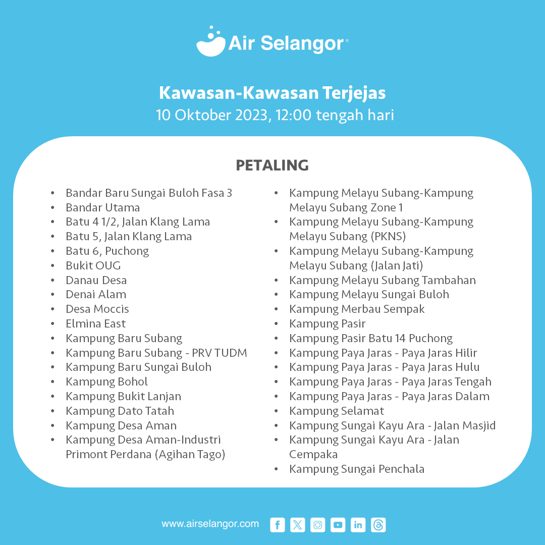 air_selangor's tweet photo. Air Selangor ingin memaklumkan berkenaan status terkini gangguan bekalan air akibat henti tugas sementara di Loji Rawatan Air (LRA) Sungai Selangor Fasa 1 (SSP1), Sungai Selangor Fasa 2 (SSP2), Sungai Selangor Fasa 3 (SSP3) dan Rantau Panjang berikutan insiden pencemaran bau di Sungai Selangor.
 
Sehingga jam 04:00 pagi tadi (10 Oktober 2023) keempat - empat LRA SSP1, SSP2 dan SSP3 dan LRA Rantau Panjang sudah beroperasi. Walaupun begitu, masih terdapat gangguan bekalan air dan tekanan air rendah di sebahagian kawasan di Wilayah Klang, Shah Alam, Petaling, Gombak, Kuala Lumpur, Hulu Selangor dan Kuala Selangor. Senarai kawasan yang mengalami gangguan bekalan air tidak berjadual adalah seperti berikut.
 
Air Selangor sedang mengambil segala usaha bagi meminimakan impak gangguan kepada para pengguna yang terjejas dan perkembangan berkaitan dengan insiden ini dari semasa ke semasa menerusi semua medium khususnya media massa. Pengguna juga boleh mendapatkan maklumat berhubung gangguan bekalan air tidak berjadual ini dari semasa ke semasa menerusi saluran komunikasi rasmi kami seperti aplikasi Air Selangor, Facebook, Instagram dan X atau hubungi Air Selangor di talian 15300. Sebarang pertanyaan dan aduan boleh diajukan di Help Centre di laman sesawang https://t.co/eHxPFjFMgV dan aplikasi Air Selangor.

#AirSelangor #231010SSP123