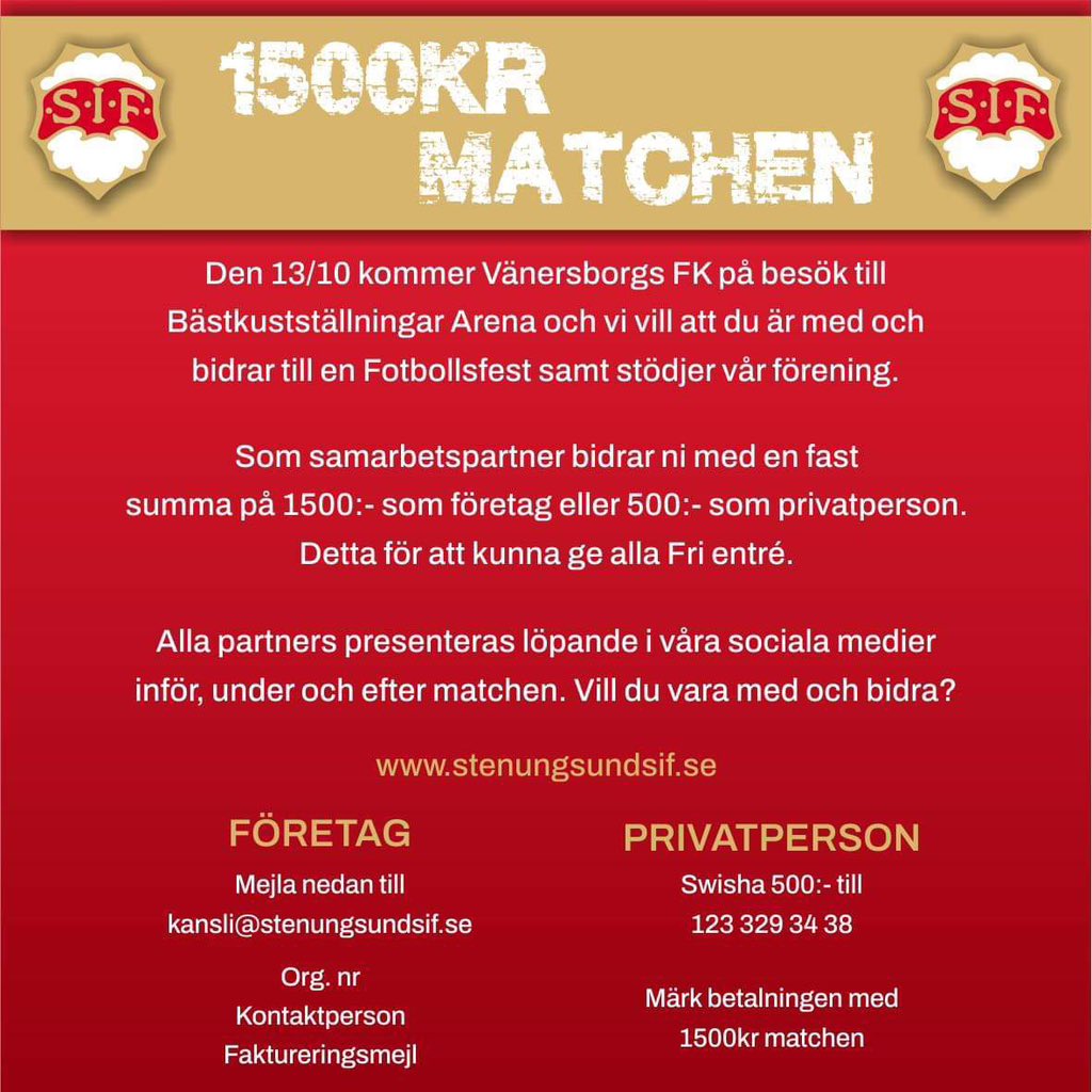 Godmorgon!❤️

På fredag spelar vi säsongens sista hemmamatch när Vänersborgs FK kommer på besök! Då har du som privatperson eller ditt företag chans att både bidra och synas! Hör av dig!🫶🏽