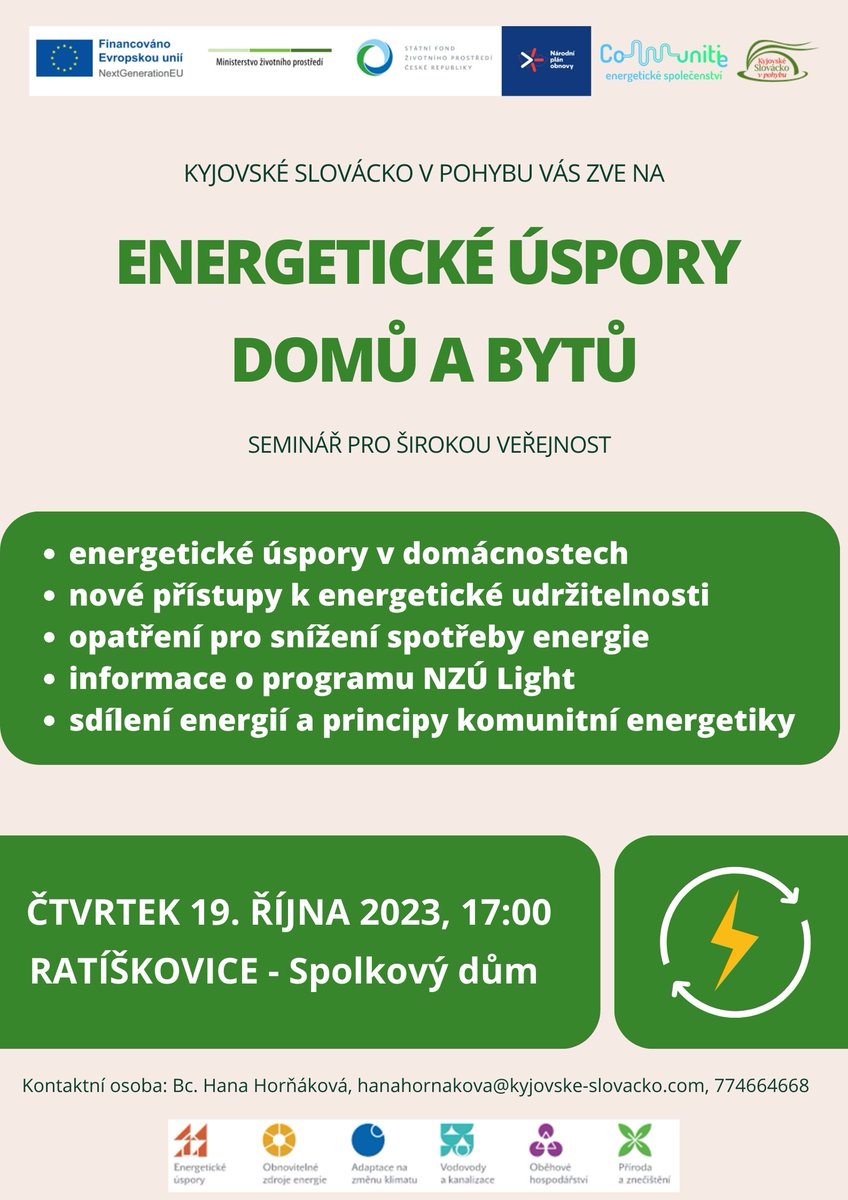 CommunitieCZ's tweet photo. Kyjovské Slovácko v pohybu​ zve na seminář pro širokou veřejnost ⚡️ Energetické 💰 úspory 🏡 domů a 🏬 bytů, který se uskuteční 19. října v 17 hod. ve Spolkovém domě v Ratíškovicích: https://t.co/Dg9ZFNHcik
#communitie #energetika #kyjovskeslovackovpohybu #ratiskovice https://t.co/k18YSrHFWI