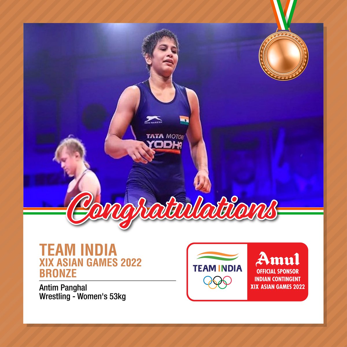 Antim Panghal wins a bronze medal in the women’s 53kg freestyle wrestling event at the Asian Games. Amul celebrates her splendid win. Congratulations!
#Cheer4India #Amul #AsianGames #Wrestling #Bronze