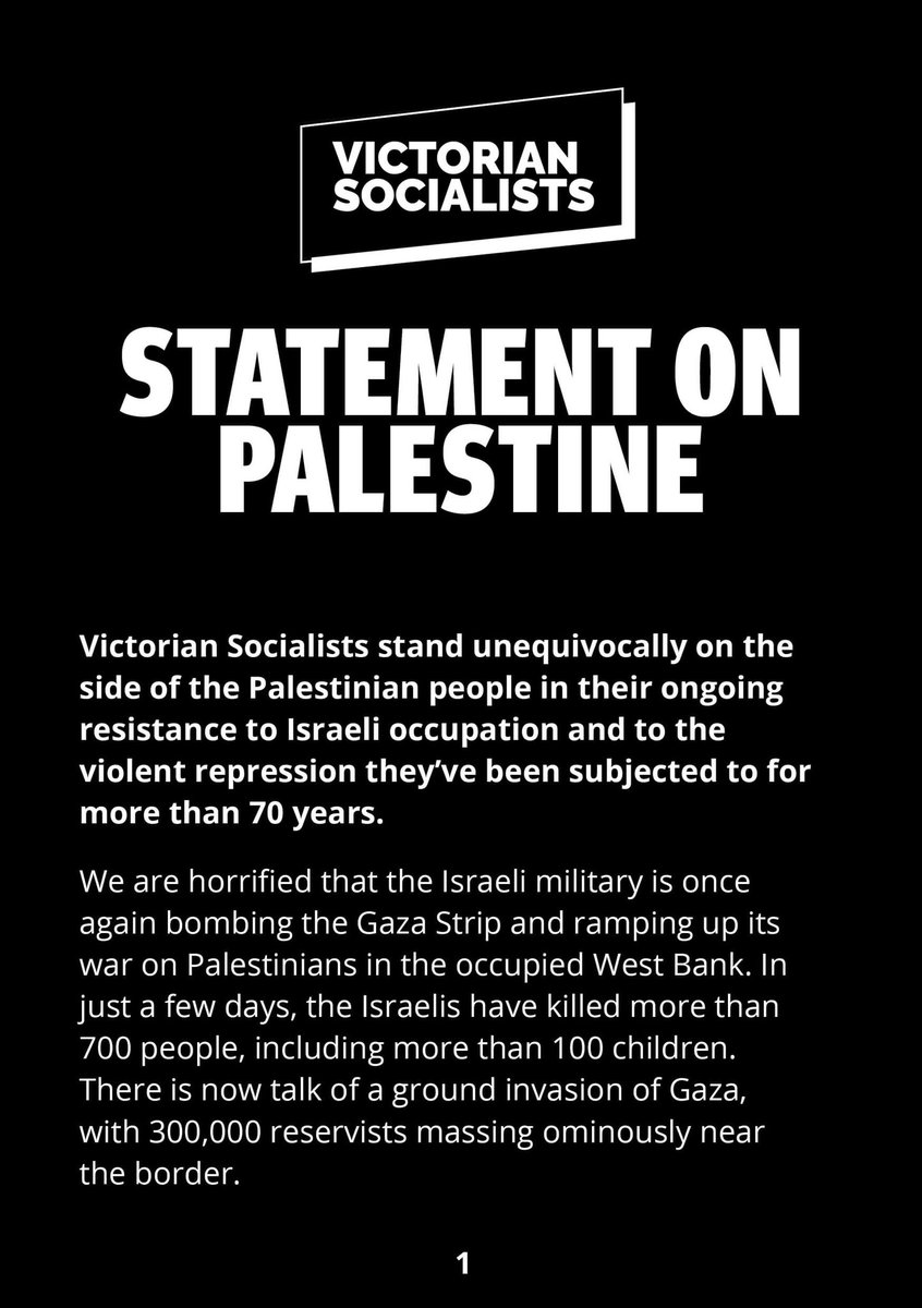 vic_socialists's tweet photo. VICTORIAN SOCIALISTS STATEMENT ON PALESTINE

We encourage Victorian Socialists members and supporters to attend upcoming rallies organised by @FPMelbourne in solidarity with the Palestinians and against Israel’s ongoing bombardment of Gaza… https://t.co/N1nKh2xiGM