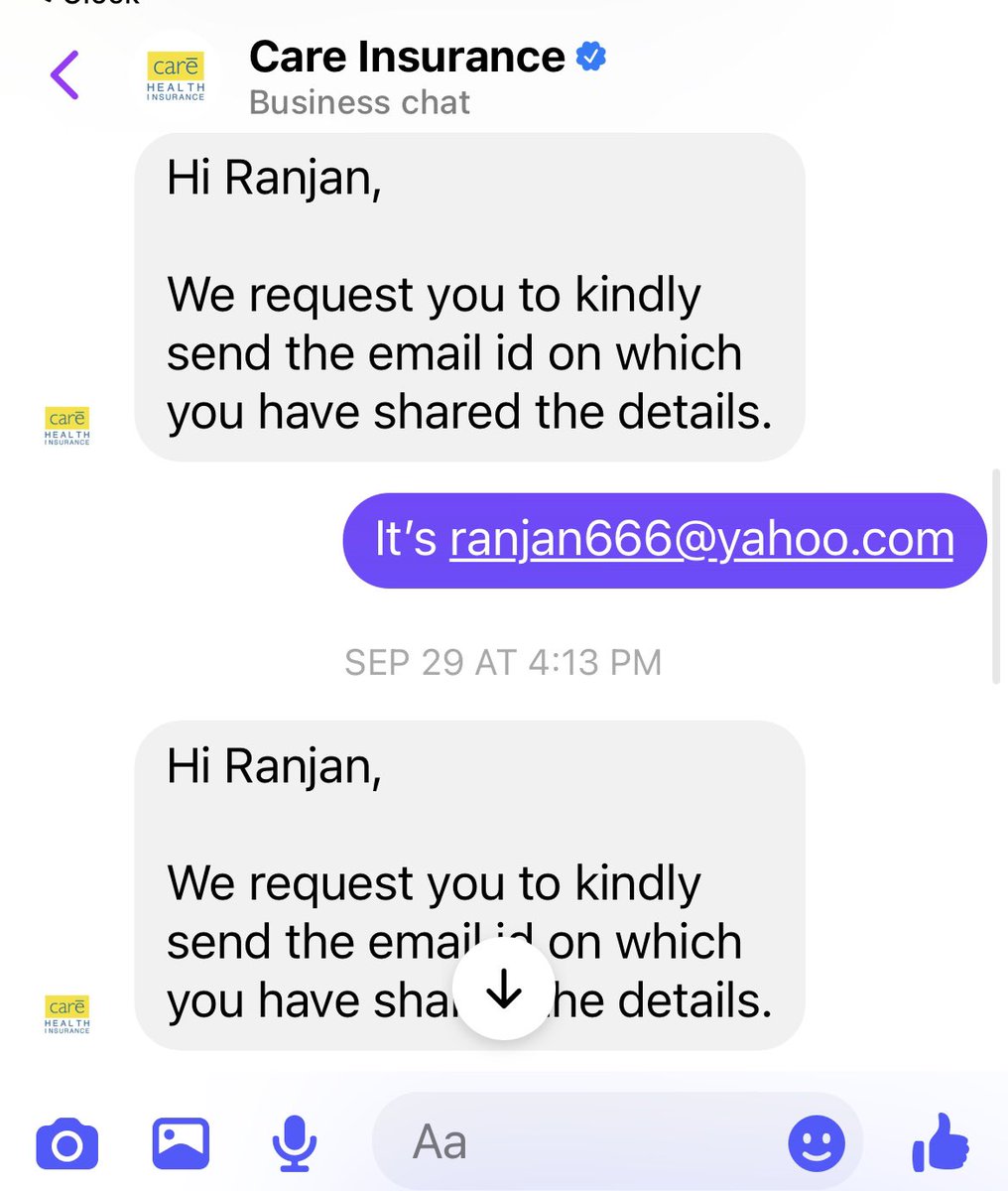 ranjan666's tweet photo. @careinsuranceIN But looks like your customer care  require serious decoding of my simple message. They are severely stressed that they can’t resolve basic queries. Who’s in charge of Customer Care. A big thumbs down. https://t.co/gk0dJ3k8T6