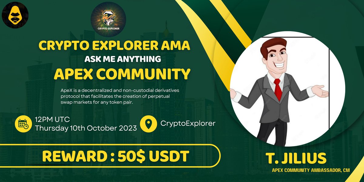 CryptoExplorerT's tweet photo. ⚔️CRYPTO EXPLORER #TelegramText AMA Series With Apex Community
🎁Prize: 50$ USDT
📆Date: 10th October 2023
🧭Time: 12PM UTC
🏨 Venue:https://t.co/ezZ48IfKvC…
〽️ Rules:
1️⃣. Follow
@CryptoExplorerT
@OfficialApeXdex
2️⃣. Like Retweet & Comment Your Questions... https://t.co/nmfOba2Z2R