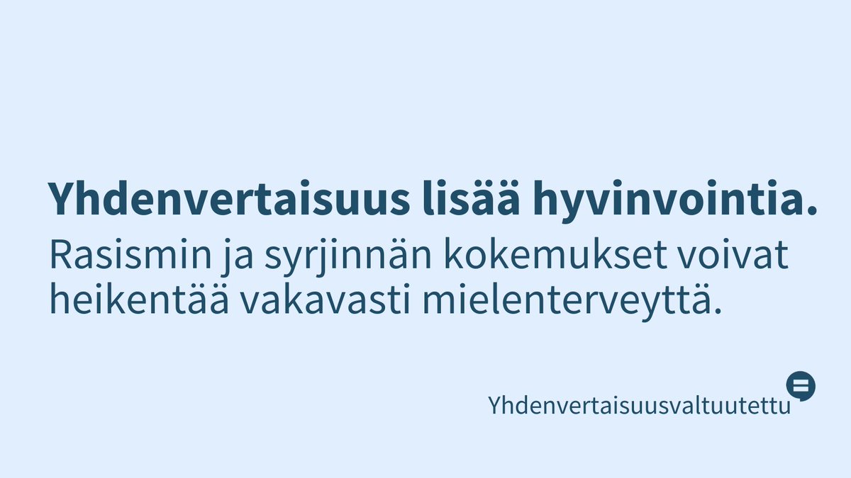Tänään 10.10. vietetään maailman mielenterveyspäivää. Syrjinnän ja rasismin kokemukset voivat heikentää mielenterveyttä vakavasti. Yhdenvertaisuus luo hyvinvointia ja rasismin sekä syrjinnän torjuminen on myös mielenterveystyötä. 1/2