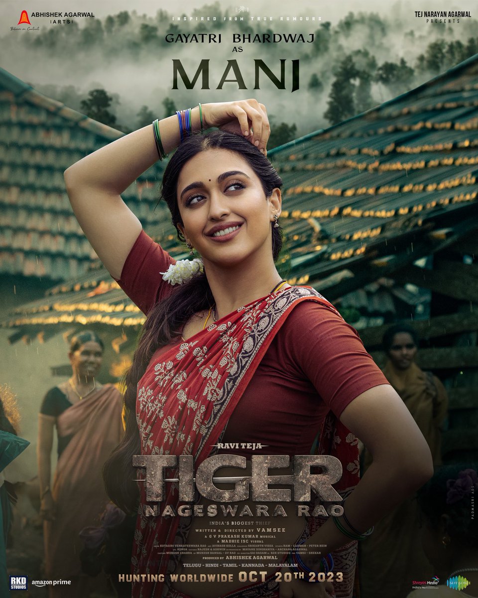 Introducing Gayatri Bhardwaj as #Mani from #TigerNageswaraRao - 𝙏𝙃𝙀 𝙇𝙄𝙁𝙀 𝙊𝙁 𝙏𝙄𝙂𝙀𝙍 𝙉𝘼𝙂𝙀𝙎𝙒𝘼𝙍𝘼 𝙍𝘼𝙊 🔥 In Cinemas Oct 20th @GayatriBhardwa5 @DirVamsee @TeamTimesTalent