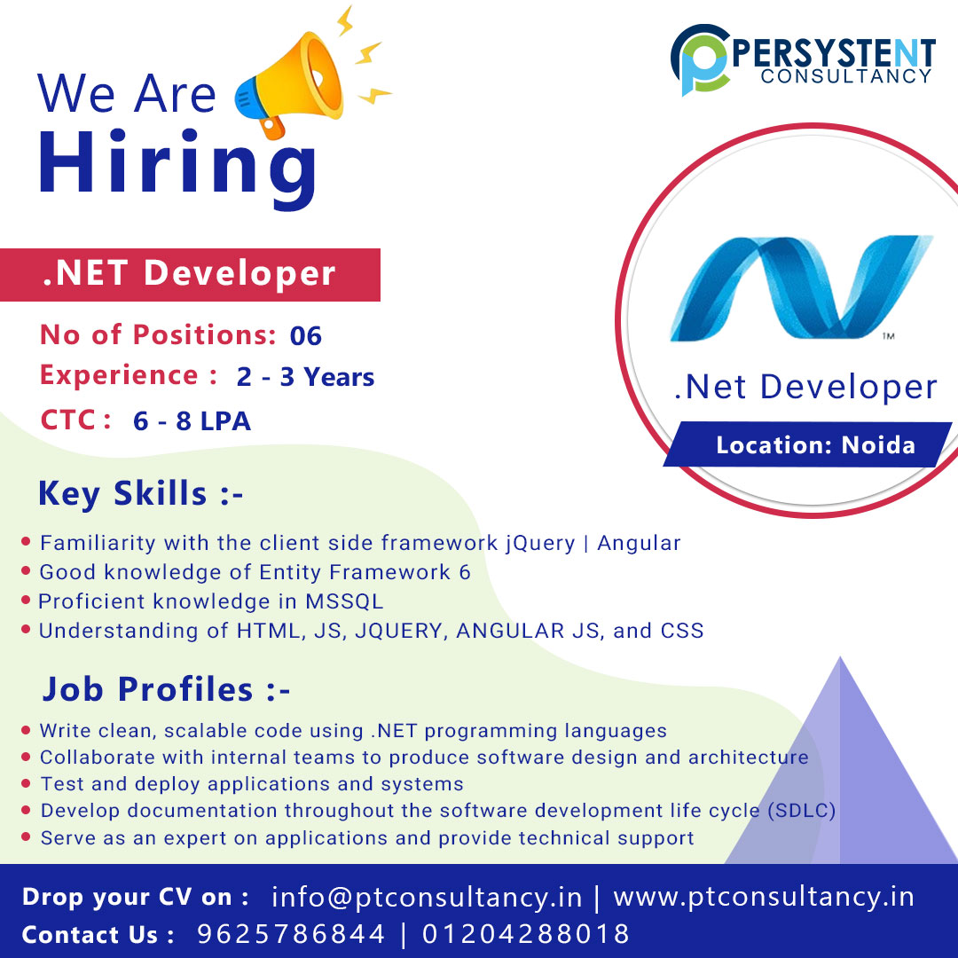 Hiring .NET Developer
Experience - 2 to 3 Years
Salary - up to 6 LPA
Apply at link :- bit.ly/hiring-dot-net…
Location - Noida
Key Skills:- Proficiency in .NET Framework, C# Programming, ASP.NET, Database Management
Mail id:- ptcon2020@gmail.com
#hiringdeveloper