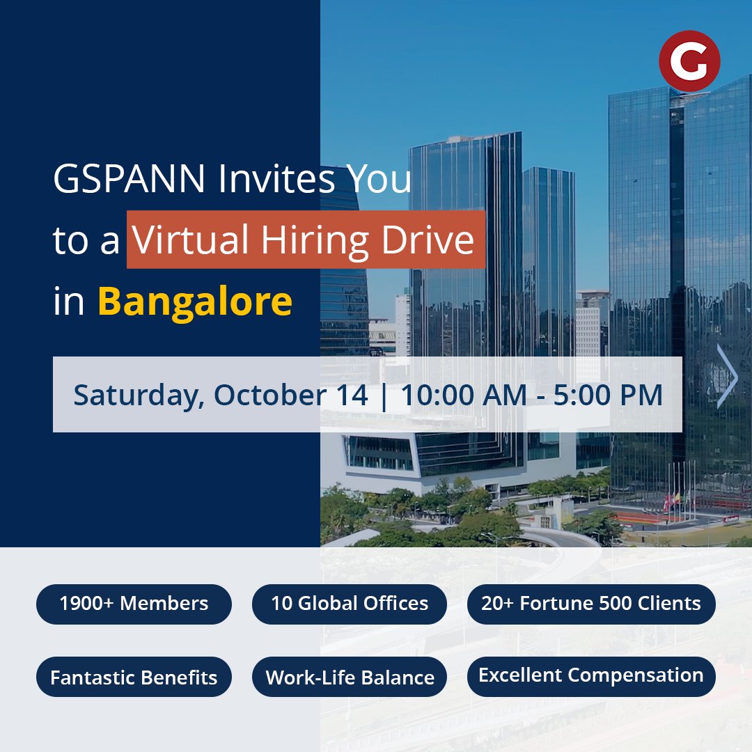gspanntech's tweet photo. #GSPANN invites you to a #VirtualHiringDrive in #Bangalore this weekend. 

View all open walk-in jobs here: https://t.co/b6antdiMW1

View all #GSPANNjobs: https://t.co/Cd9hZOiYGg

#JavaJobs #AmazonWebServices #AWSExperts #JavaExperts #Jobs #Hiring #LetsCoCreate #GSPANNFamily https://t.co/wBC6v5amBs