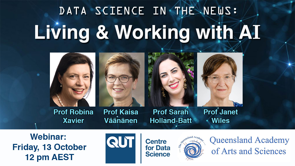 Join us online Friday for our #DataScience in the News webinar. Our multidisciplinary panel will explore current thinking and implications for practice on the ways we do, and will, live &amp; work with #AI in our everyday lives.
📆Fri, 13 Oct
🕛12pm AEST
🔗research.qut.edu.au/qutcds/events/…
